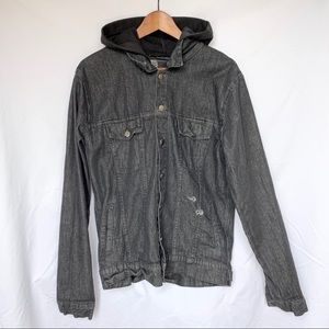 Moto Gear Hooded Biker Style Black Jean Jacket Distressed Look Medium